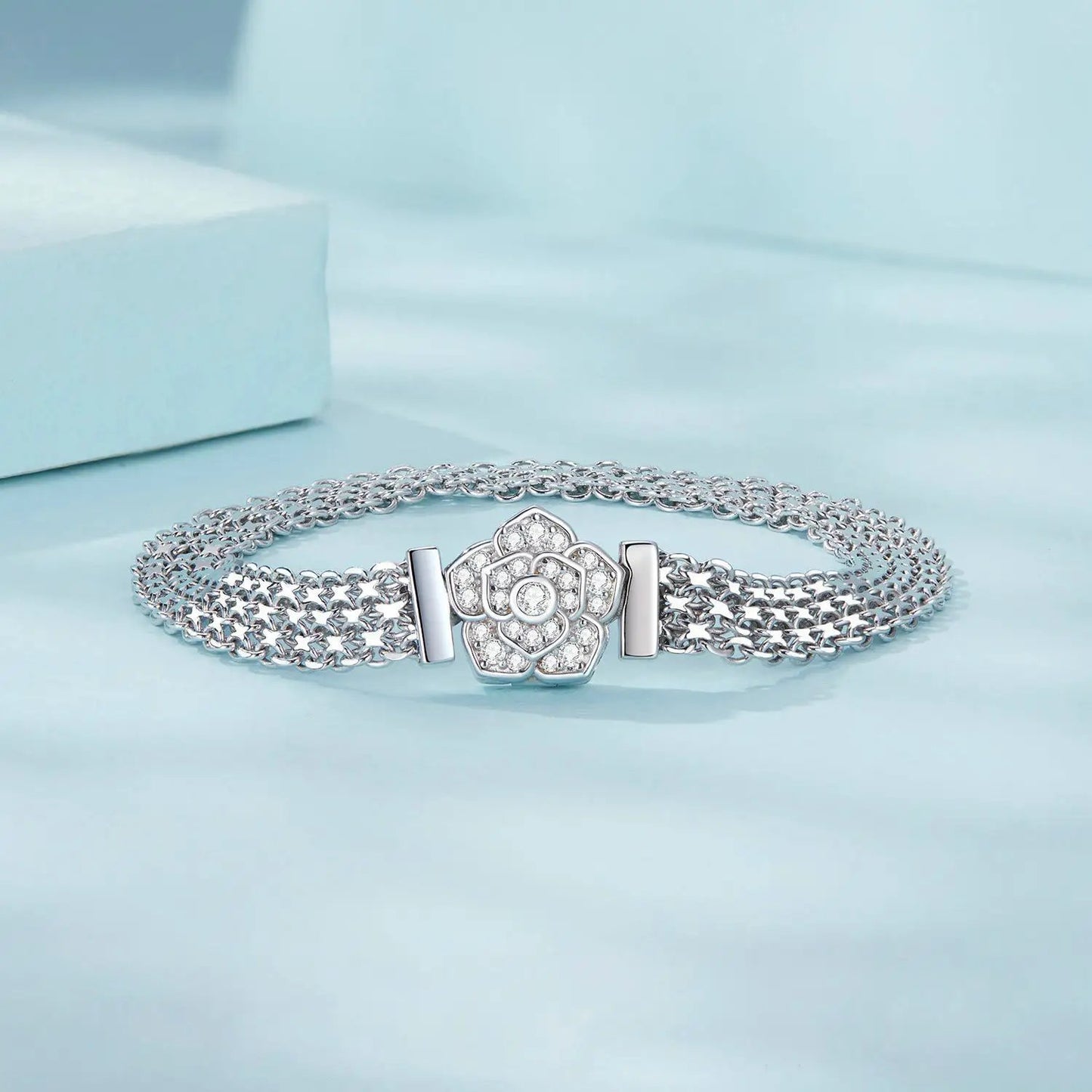 Bracelet 925 sterling silver and platinum plated pavé CZ with flower motif, 17cm, Bids.com on Tampa Home & Garden Store