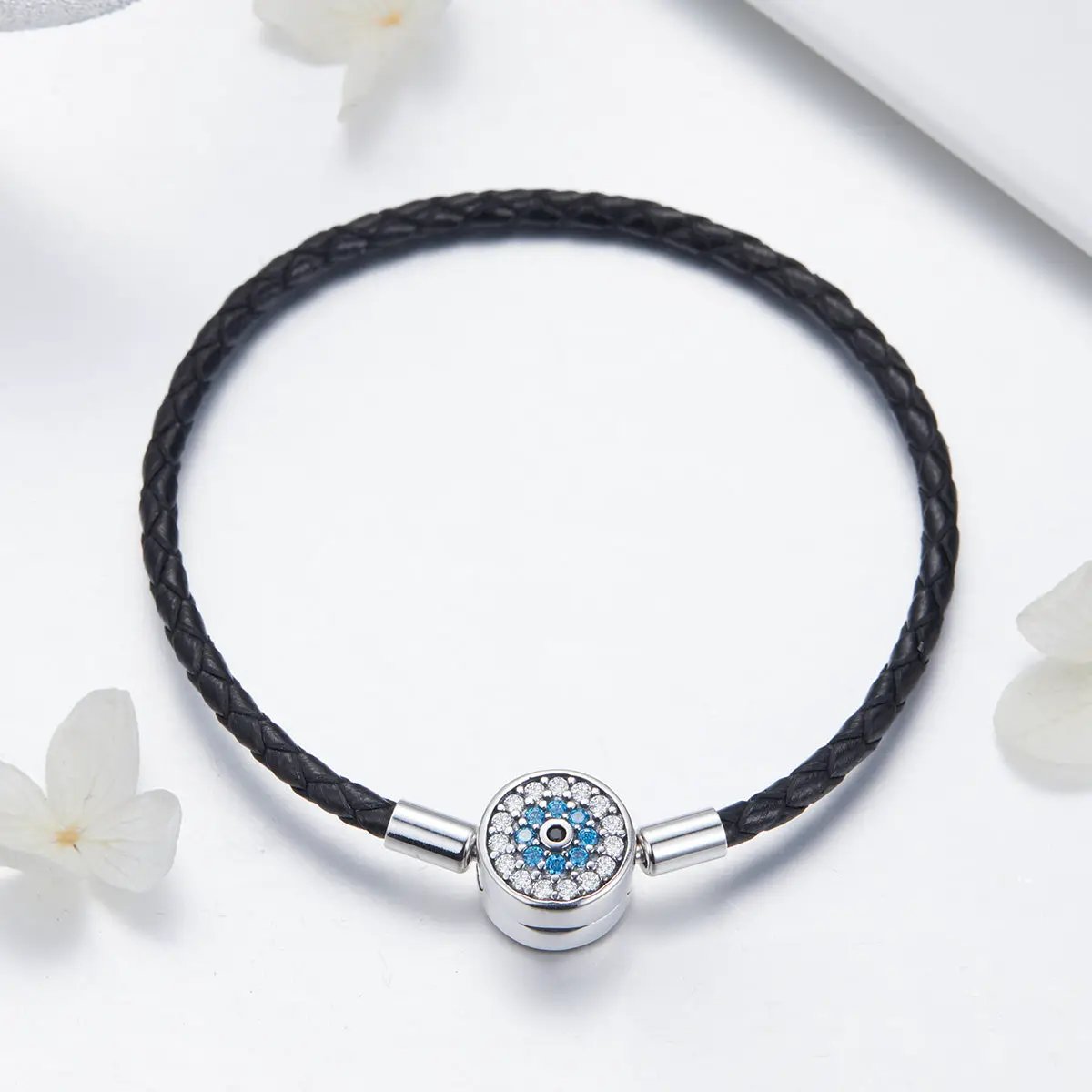 Bracelet 925 Sterling Silver Nan Style, black braided leather with crystal charm by Bids.com on Tampa Home & Garden Store