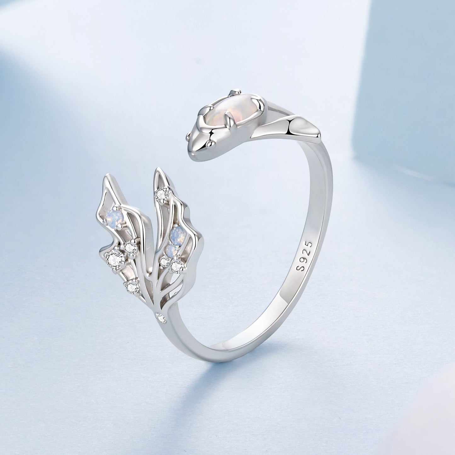 Ring 925 sterling silver white gold plated nano opal with CZ accents branch design on Tampa Home & Garden Store