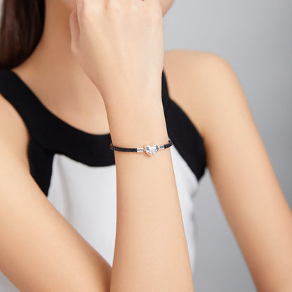 Bracelet 925 Sterling Silver Leather 17cm with oxidized CZ heart charm on braided band on Tampa Home & Garden Store