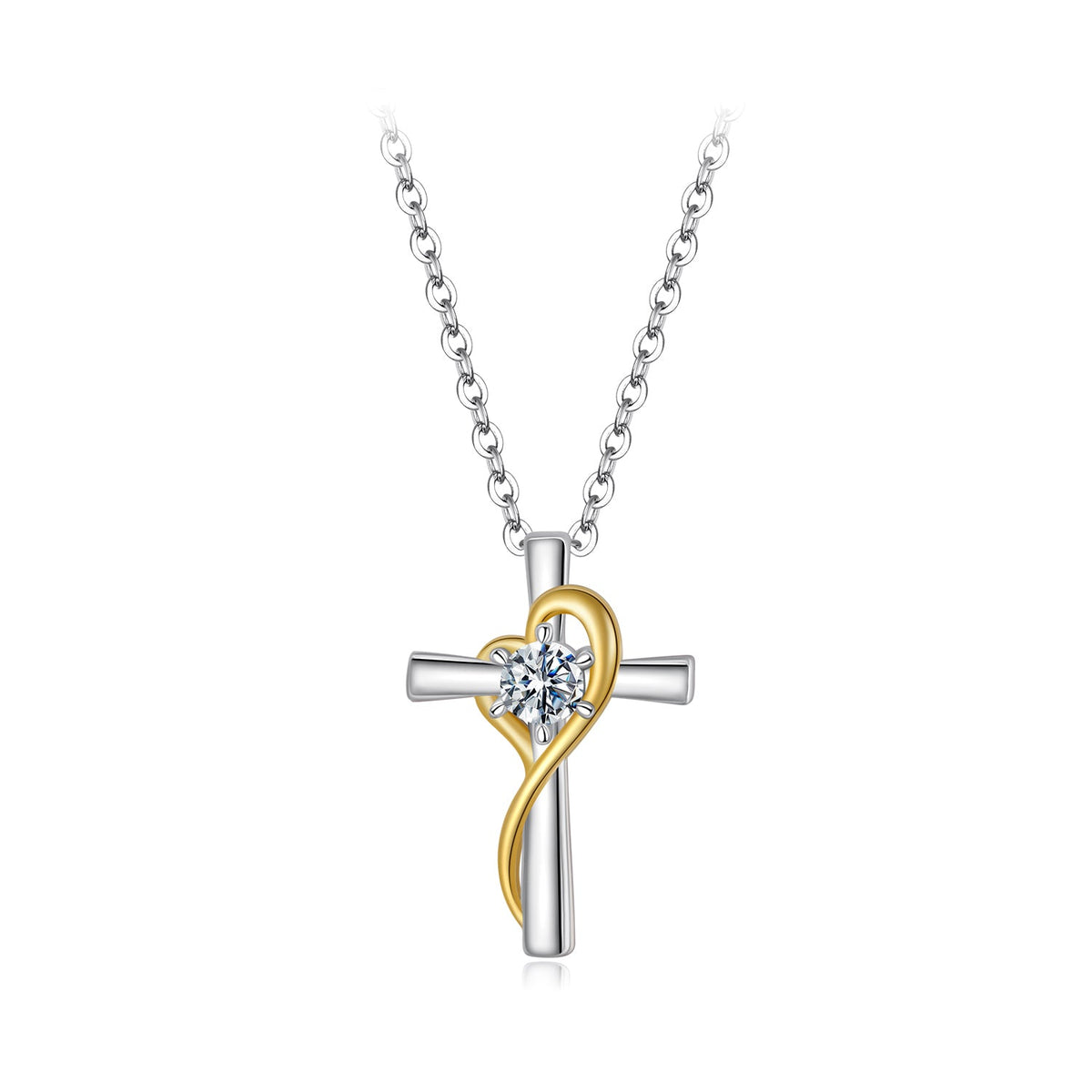 Necklace 925 Sterling Silver 0.20ct Moissanite pendant with a gold heart wrapped around a cross on Tampa Home & Garden Store