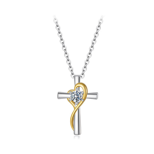 Necklace 925 Sterling Silver 0.20ct Moissanite pendant with a gold heart wrapped around a cross on Tampa Home & Garden Store