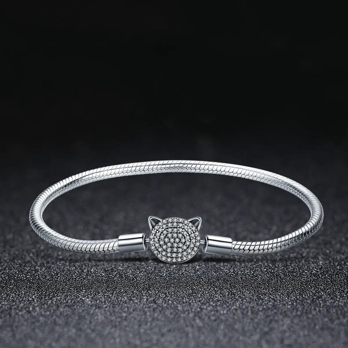 Bracelet 925 Sterling Silver Cat Head Charm 17cm Bids.com snake chain with pavé crystals on Tampa Home & Garden Store