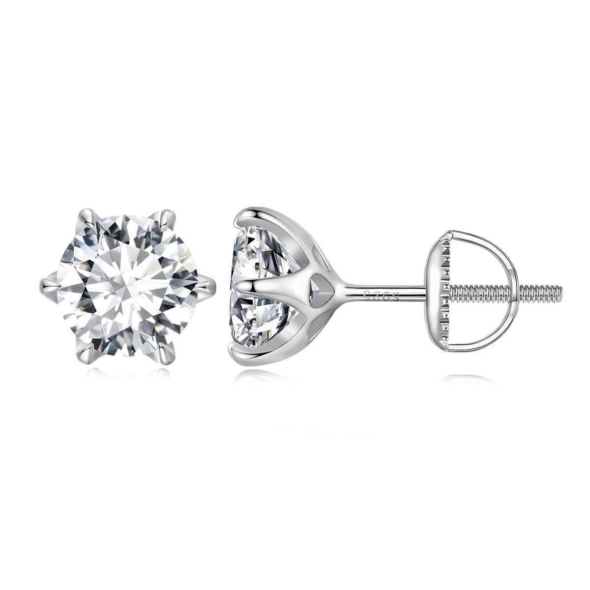 Moissanite stud earrings in S925 sterling silver, 2.00ct, six-prong, screw-back on Tampa Home & Garden Store