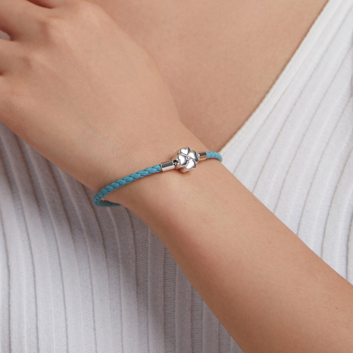 Turquoise braided leather bracelet with 925 sterling silver flower charm, 17cm, by Bids.com on Tampa Home & Garden Store