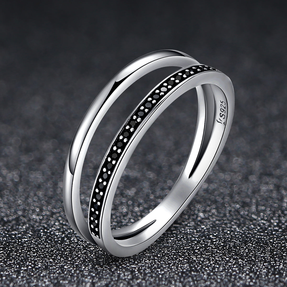925 Sterling Silver dual-band ring with black stone inlay, size 6 for women, Bids.com on Tampa Home & Garden Store