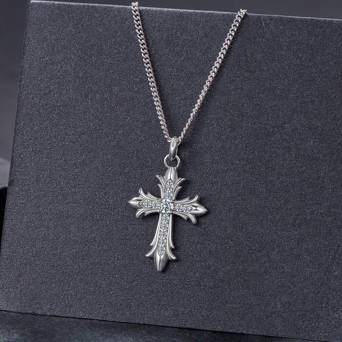 Moissanite cross pendant necklace on silver chain, 40+5 cm, 925 silver plated white gold finish on Tampa Home & Garden Store