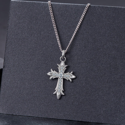 Moissanite cross pendant necklace on silver chain, 40+5 cm, 925 silver plated white gold finish on Tampa Home & Garden Store
