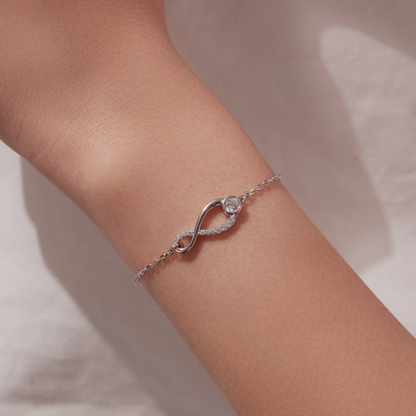 925 Sterling Silver Moissanite Pavé Bracelet with infinity loop, white gold plated, 21cm for women on Tampa Home & Garden Store