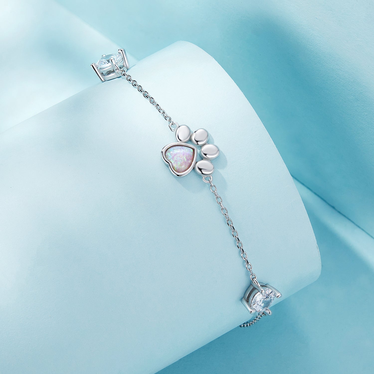 Bracelet 925 sterling silver opal heart with paw-print charm on chain by Bids.com on Tampa Home & Garden Store
