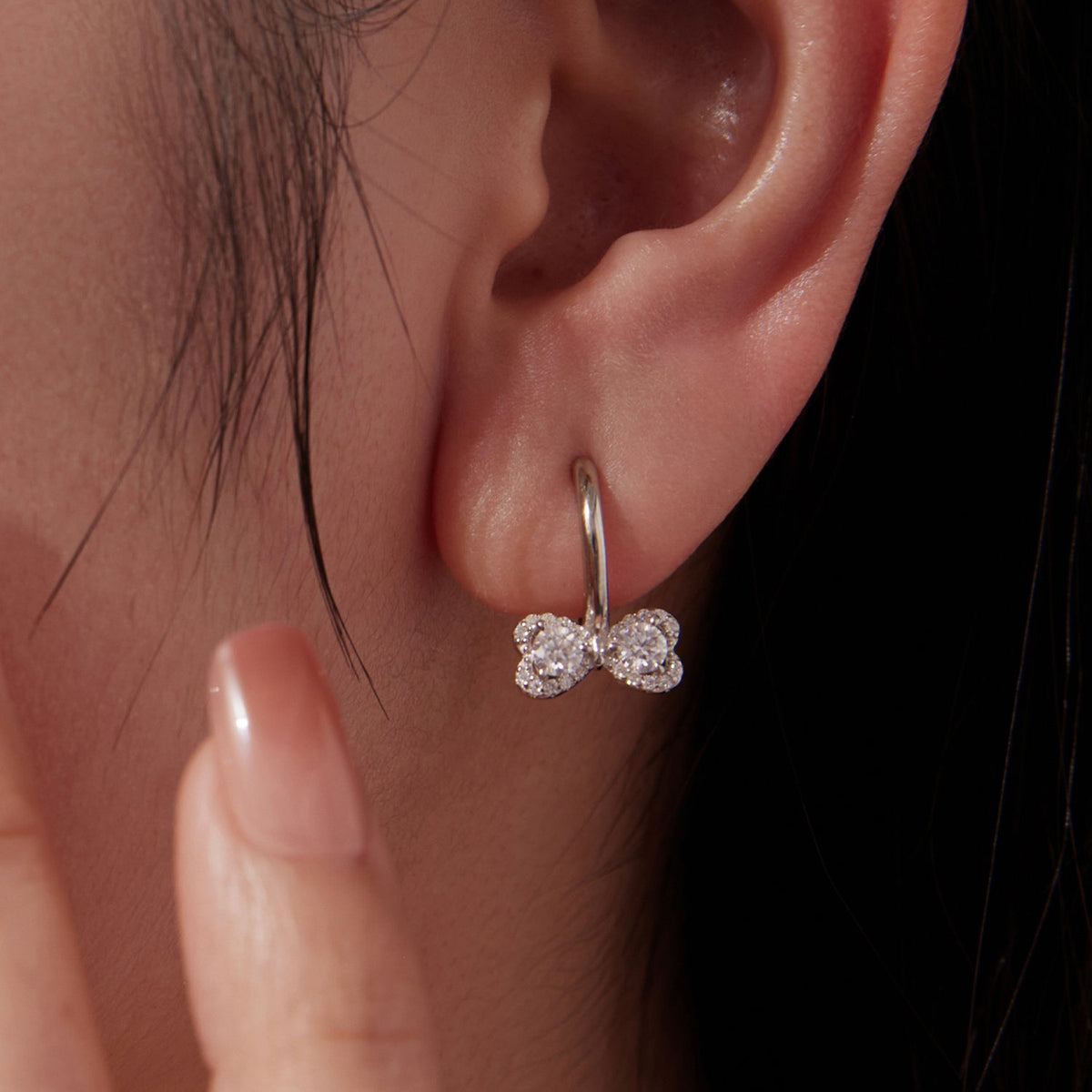 Earrings 925 Sterling Silver Moissanite 0.20ct bow hoop, plated white gold, Bids.com on Tampa Home & Garden Store