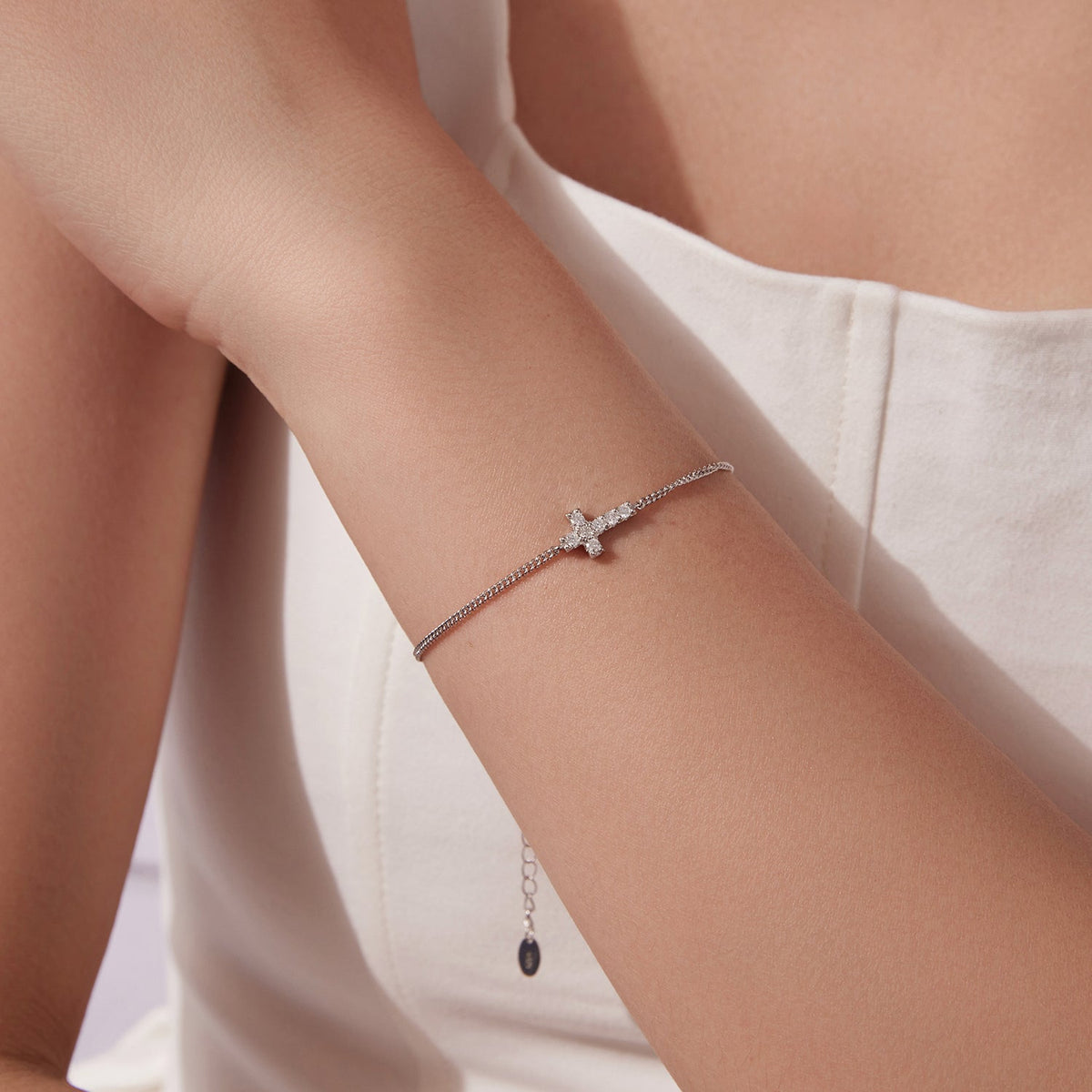 Moissanite bracelet in sterling silver with cross centerpiece, plated white gold, 15+6 cm on Tampa Home & Garden Store