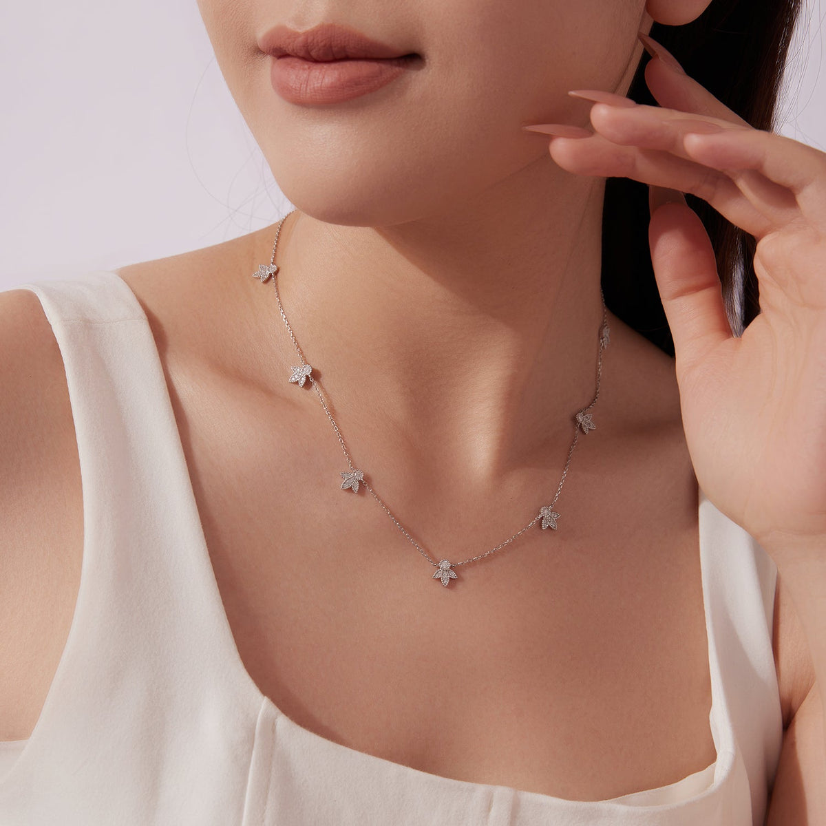 925 Sterling Silver Moissanite 0.25ct necklace with pavé leaf charms on a delicate chain for women on Tampa Home & Garden Store