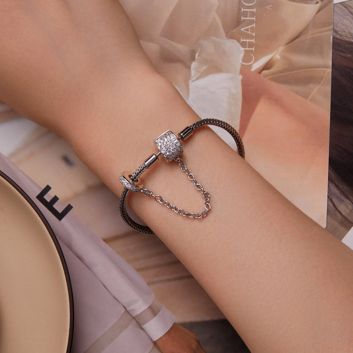 925 Sterling Silver Bracelet 17cm with pavé CZ by Bids.com, silver-tone woven chain on Tampa Home & Garden Store