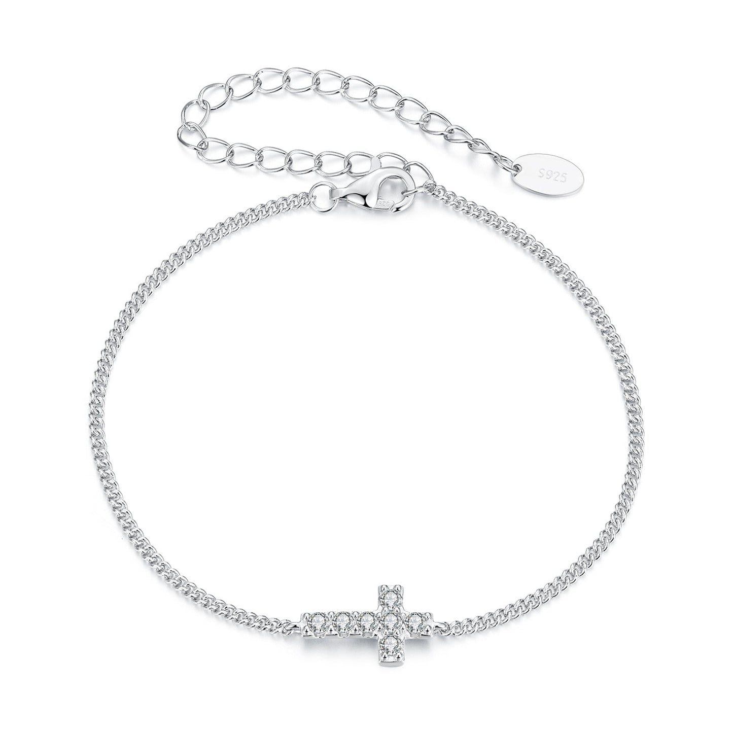 925 Sterling Silver Moissanite bracelet with cross charm, white gold plated, adjustable 15+6cm on Tampa Home & Garden Store