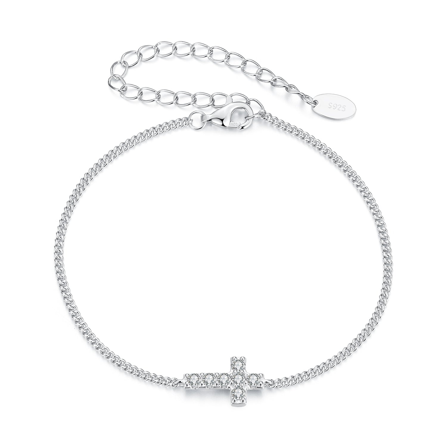 925 Sterling Silver Moissanite bracelet with cross charm, white gold plated, adjustable 15+6cm on Tampa Home & Garden Store