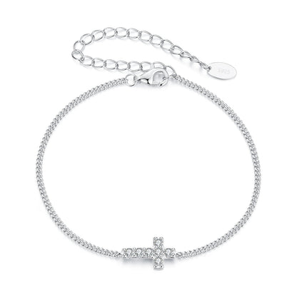 925 Sterling Silver Moissanite bracelet with cross charm, white gold plated, adjustable 15+6cm on Tampa Home & Garden Store