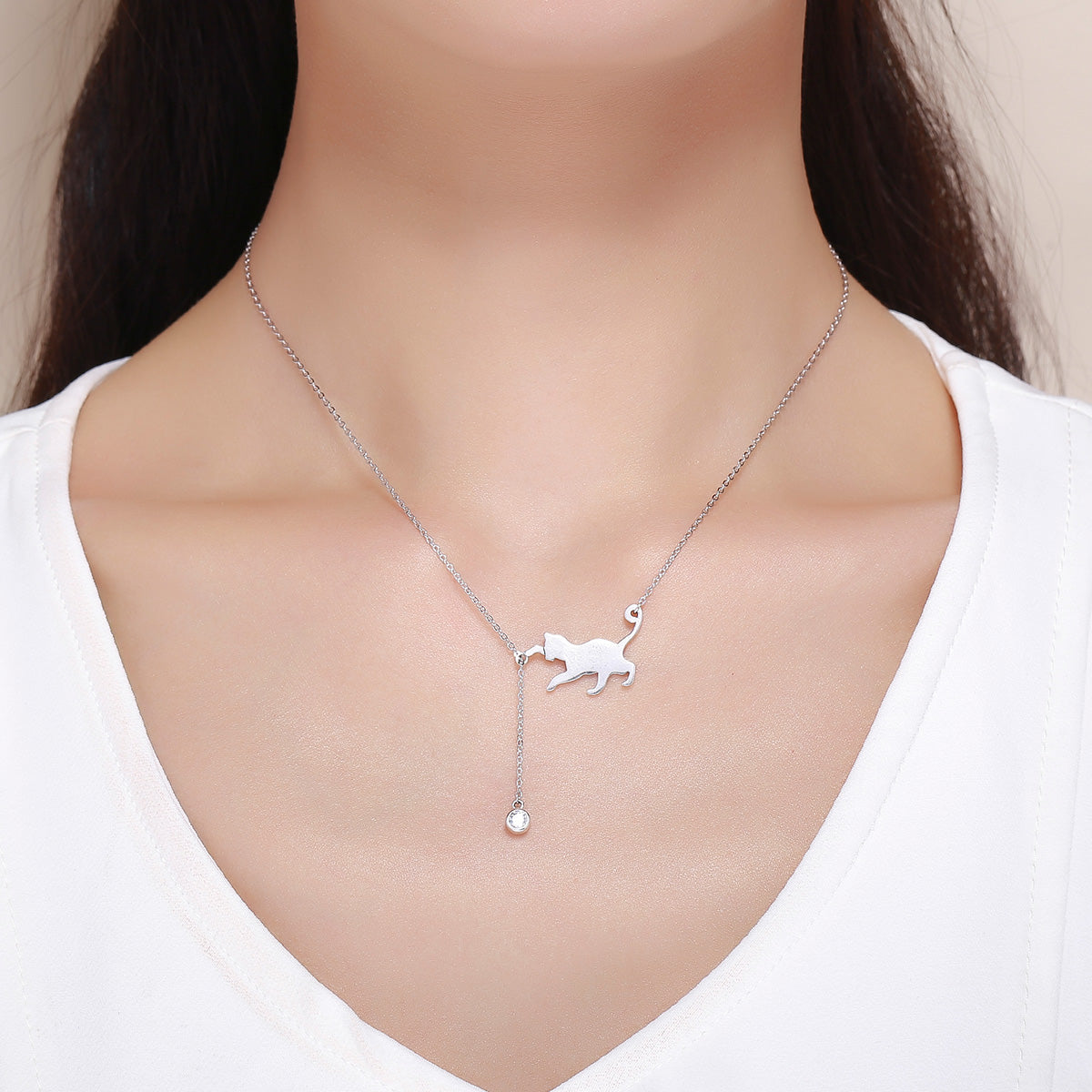 925 Sterling Silver Necklace by Bids.com with cat pendant and dangling bead, 38–45cm chain on Tampa Home & Garden Store