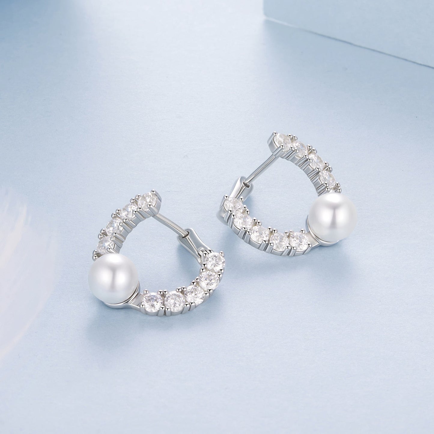 Earrings Bids.com 925 silver white gold plated hoop with crystals and pearl 1.6cm on Tampa Home & Garden Store