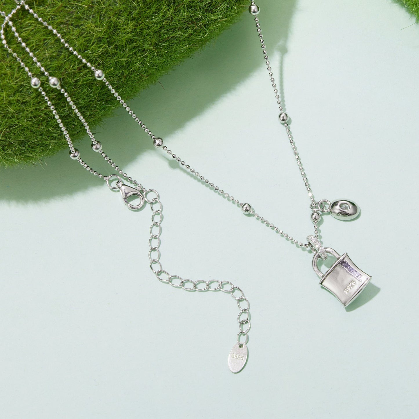925 sterling silver white gold plated necklace with CZ nacre, ball-chain with padlock pendant on Tampa Home & Garden Store