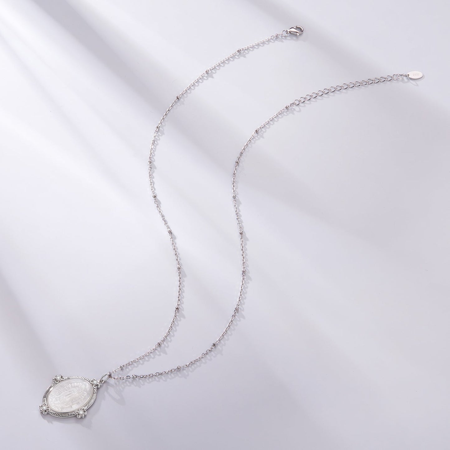 925 Sterling Silver Necklace with White Gold Plating, CZ & Mother of Pearl pendant, 40+5cm on Tampa Home & Garden Store