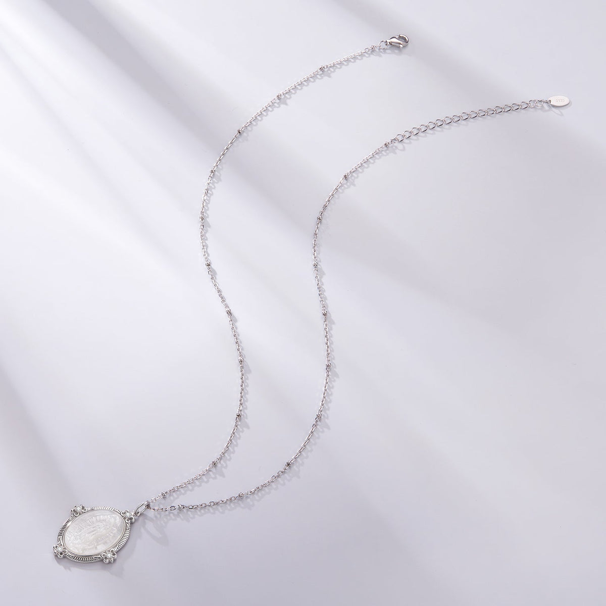 925 Sterling Silver Necklace with White Gold Plating, CZ & Mother of Pearl pendant, 40+5cm on Tampa Home & Garden Store