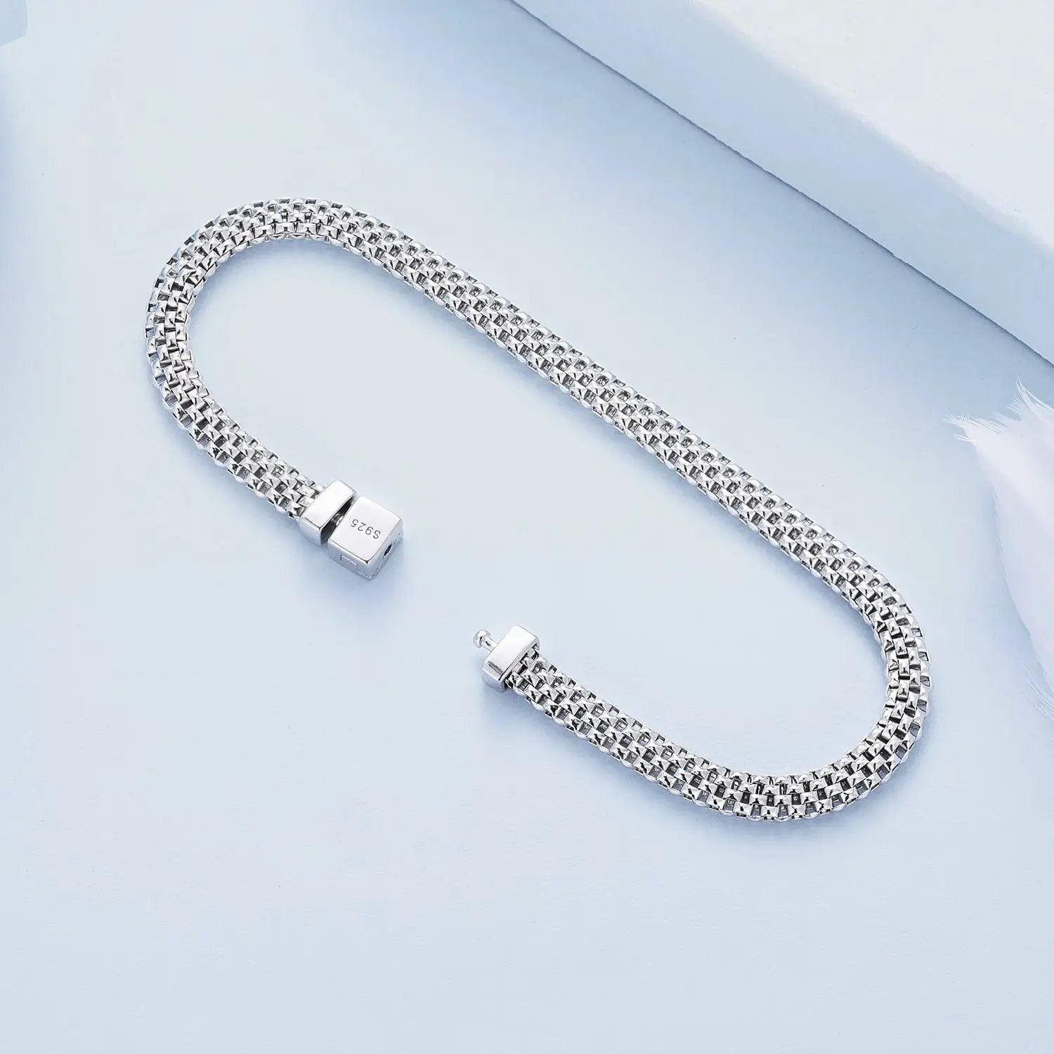 Bracelet 925 Sterling Silver Plated Platinum, women's 17.0 size, cube-link chain with box clasp on Tampa Home & Garden Store