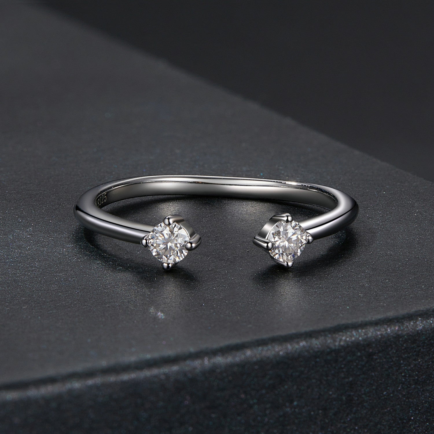925 Sterling Silver Moissanite Ring Women, double-ended band with two stones, size E, Bids.com on Tampa Home & Garden Store