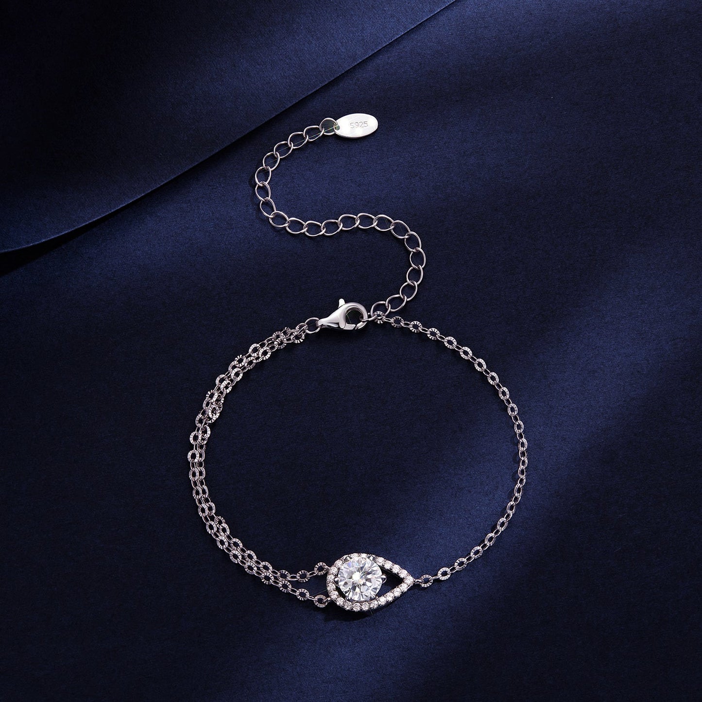 Bracelet 925 Sterling Silver Moissanite with pave halo, round center stone, 15+6cm extender on Tampa Home & Garden Store
