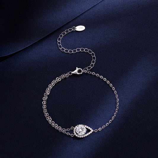 Bracelet 925 Sterling Silver Moissanite with pave halo, round center stone, 15+6cm extender on Tampa Home & Garden Store