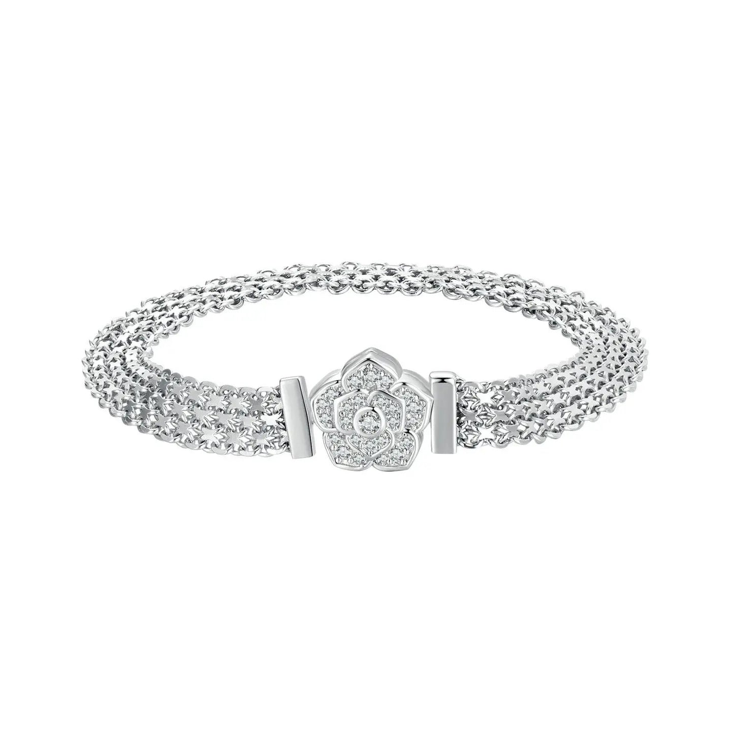 Bracelet 925 sterling silver and platinum plated pavé CZ flower clasp, 17 cm, Bids.com on Tampa Home & Garden Store