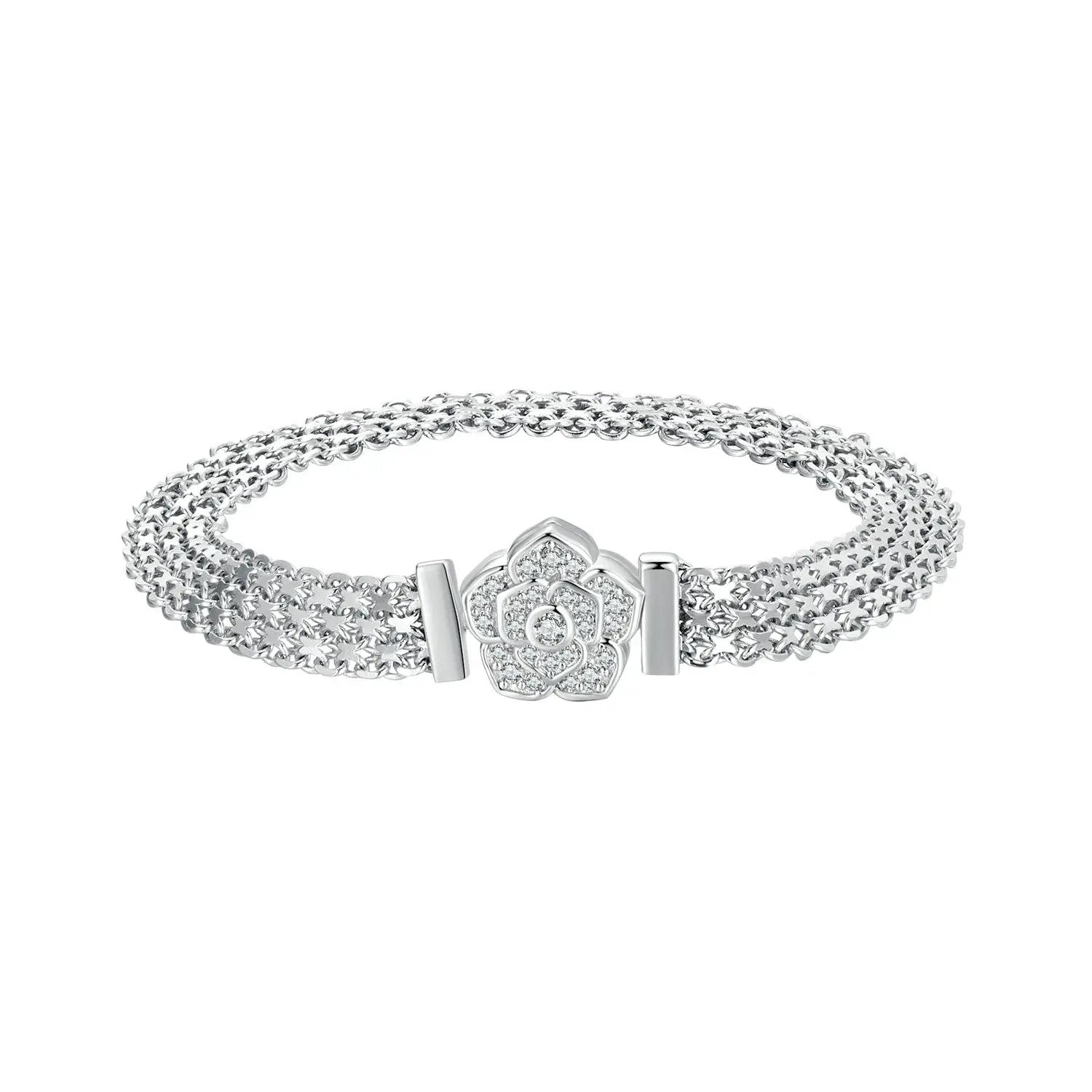 Bracelet 925 sterling silver and platinum plated pavé CZ flower clasp, 17 cm, Bids.com on Tampa Home & Garden Store