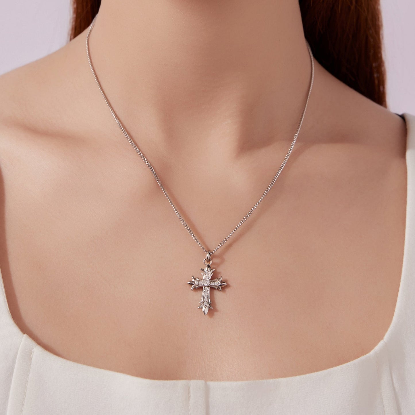925 Sterling Silver Plated Moissanite Necklace for Women with cross pendant, 40+5cm chain on Tampa Home & Garden Store