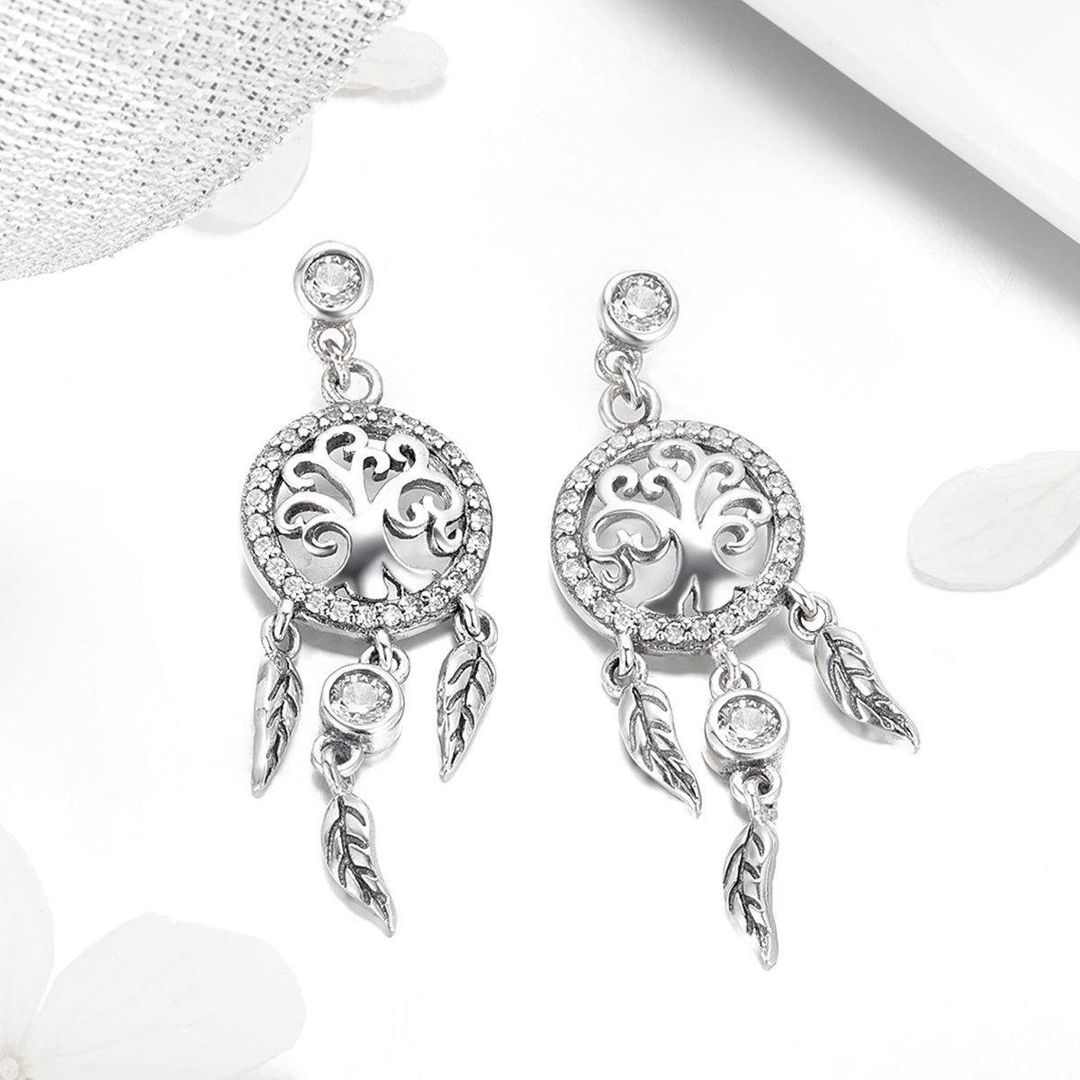 Earrings 925 sterling silver oxidized pavé CZ with tree of life circle and feather charms on Tampa Home & Garden Store