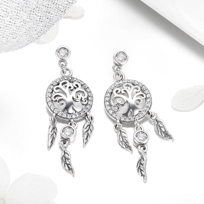 Earrings 925 sterling silver oxidized pavé CZ with tree of life circle and feather charms on Tampa Home & Garden Store