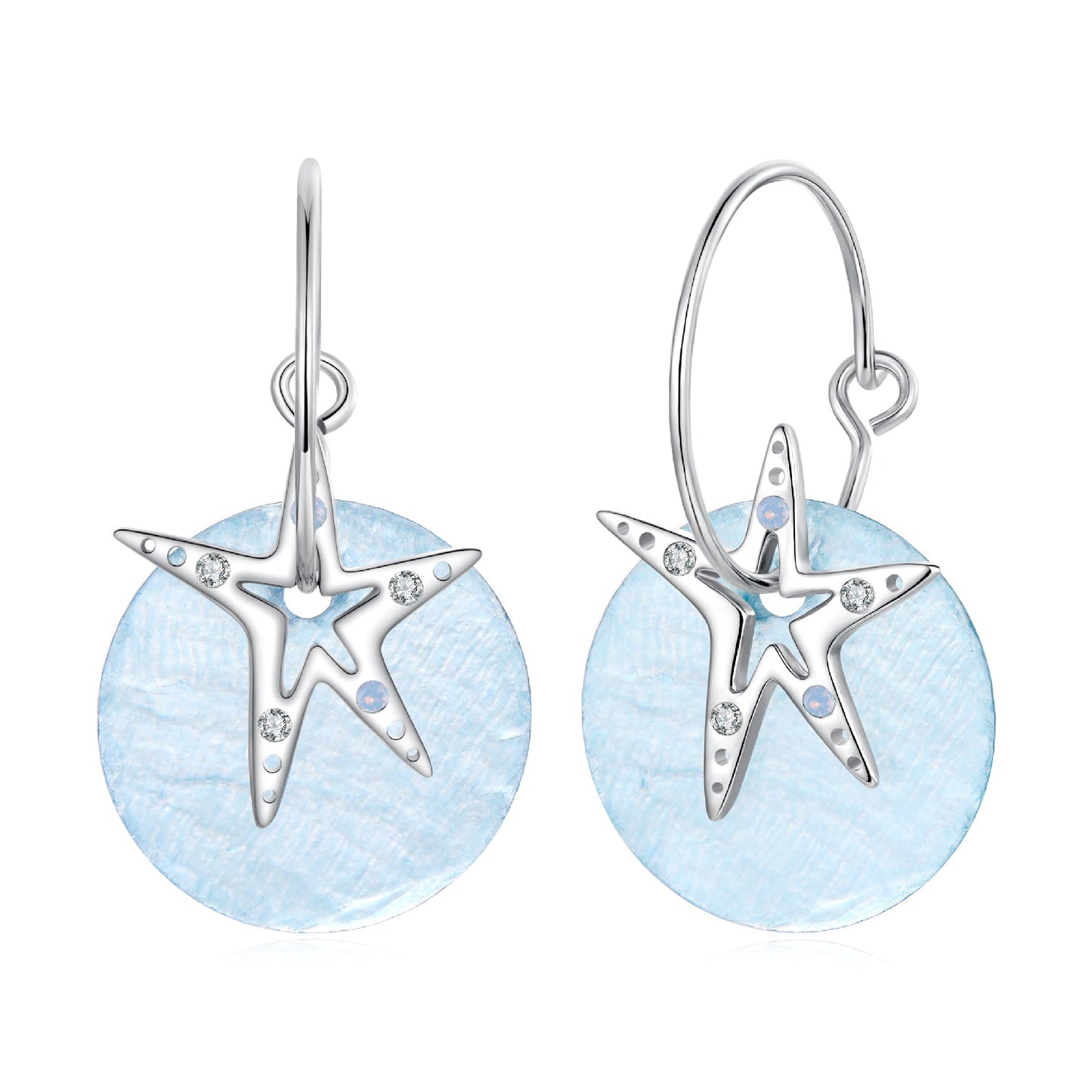 Earrings: 925 silver with white gold plating, blue opal disk and star charm, CZ accents Bids.com on Tampa Home & Garden Store