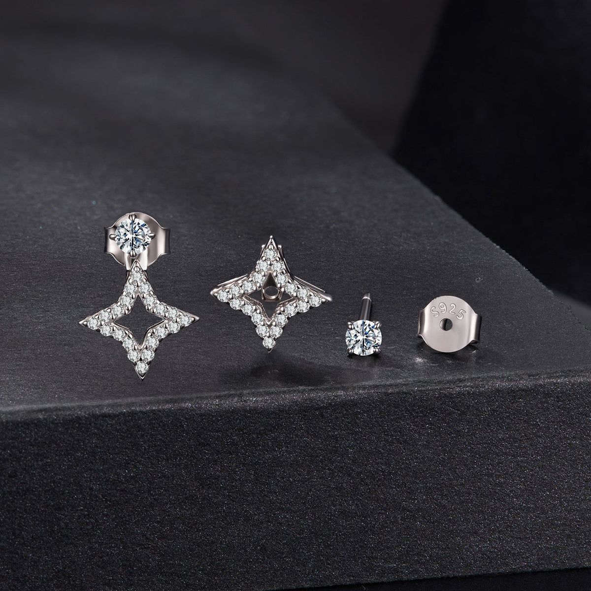 Earrings set in 925 sterling silver moissanite round stud plus two pave star earrings,Bids.com on Tampa Home & Garden Store