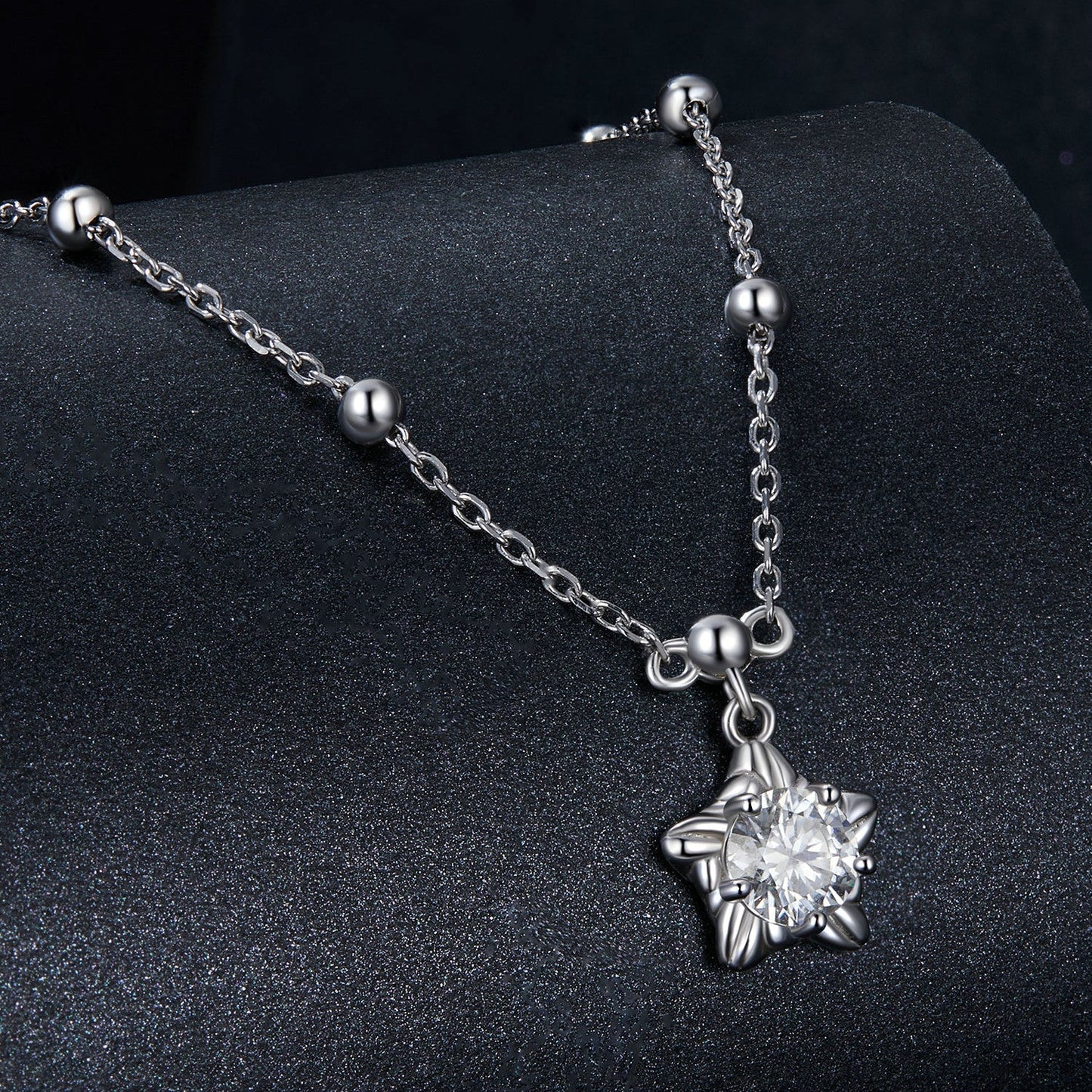 925 Sterling Silver 5mm Moissanite Necklace with a floral-prong pendant on a beaded chain on Tampa Home & Garden Store