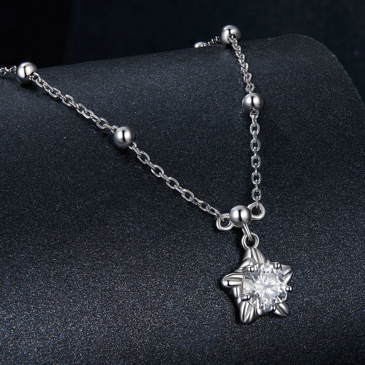 925 Sterling Silver 5mm Moissanite Necklace with a floral-prong pendant on a beaded chain on Tampa Home & Garden Store