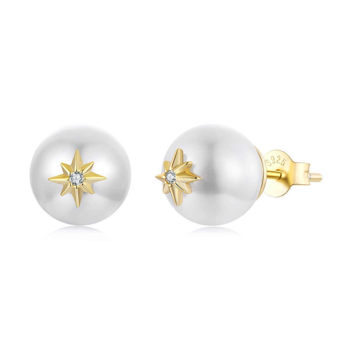 Earrings 925 sterling silver pearl studs with gold starburst and central CZ, pair on Tampa Home & Garden Store
