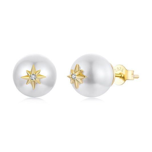 Earrings 925 sterling silver pearl studs with gold starburst and central CZ, pair on Tampa Home & Garden Store