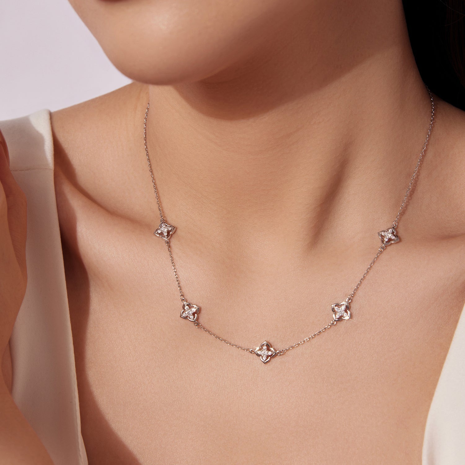925 Sterling Silver Moissanite Necklace with Plated White Gold, 40+5cm length, square-pave settings for women on Tampa Home & Garden Store