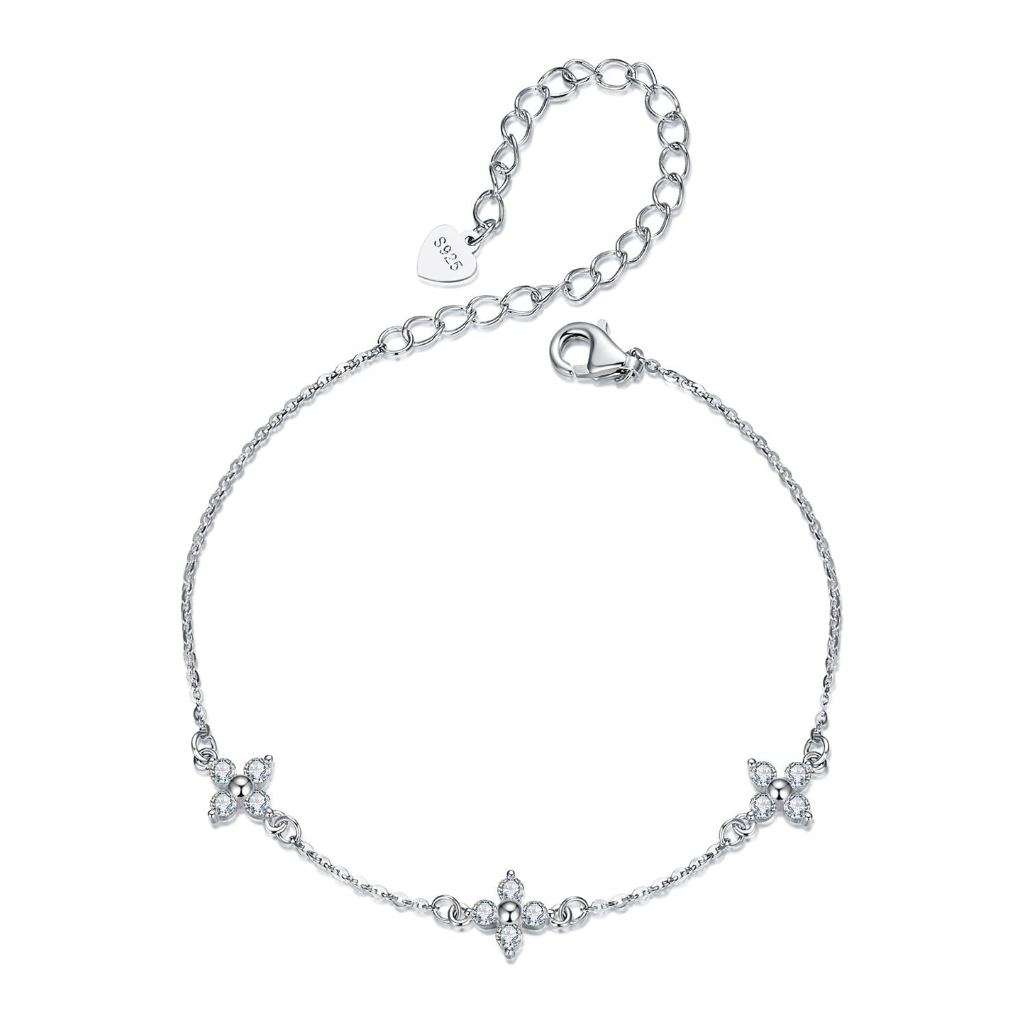 Bracelet 925 Sterling Silver & White Gold Moissanite with flower charms 15+6cm lobster clasp on Tampa Home & Garden Store