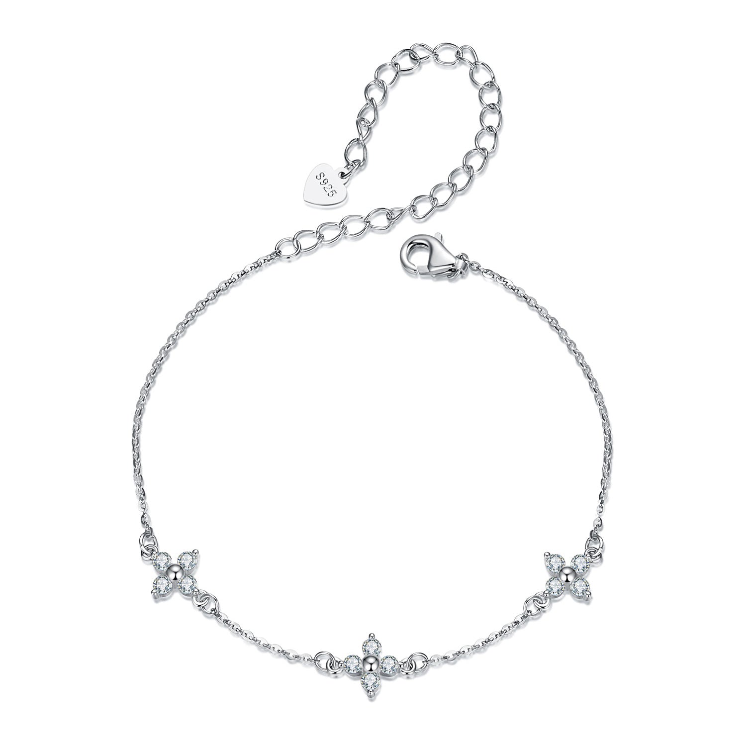 Bracelet 925 Sterling Silver & White Gold Moissanite with flower charms 15+6cm lobster clasp on Tampa Home & Garden Store