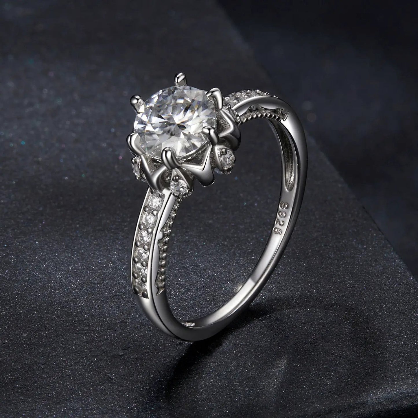 925 Sterling Silver Moissanite Ring 1ct center stone, size 6 with pave diamonds along band on Tampa Home & Garden Store