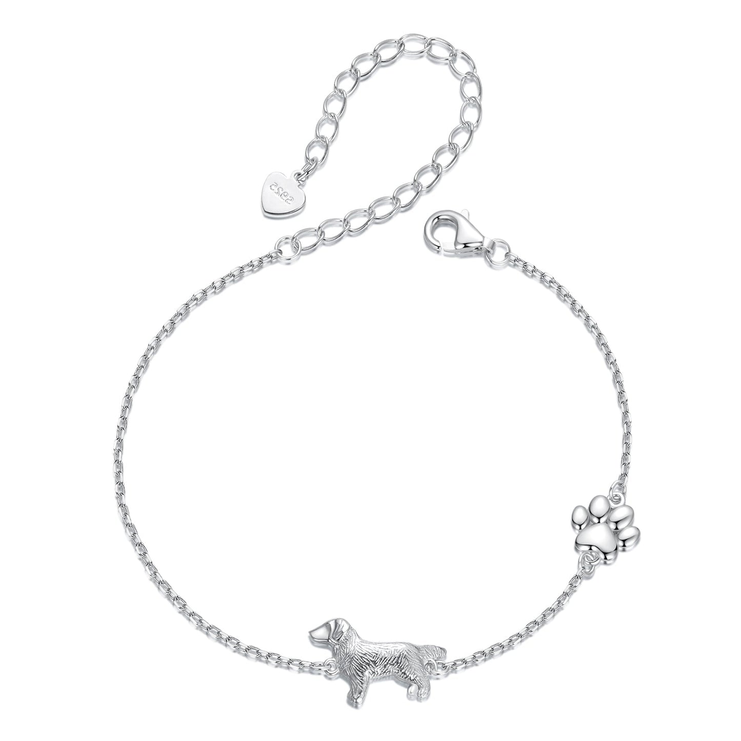 Bracelet 925 sterling silver & plated white gold with dog, heart and paw charms, adjustable 15+6cm on Tampa Home & Garden Store