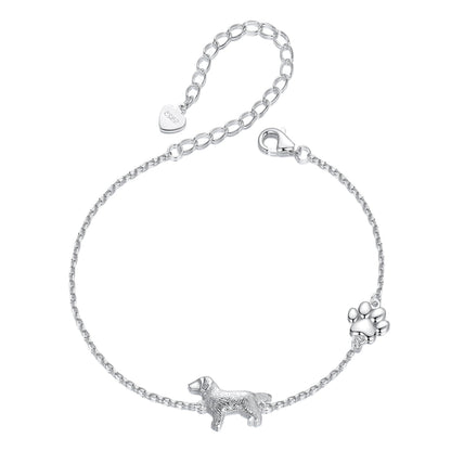 Bracelet 925 sterling silver & plated white gold with dog, heart and paw charms, adjustable 15+6cm on Tampa Home & Garden Store