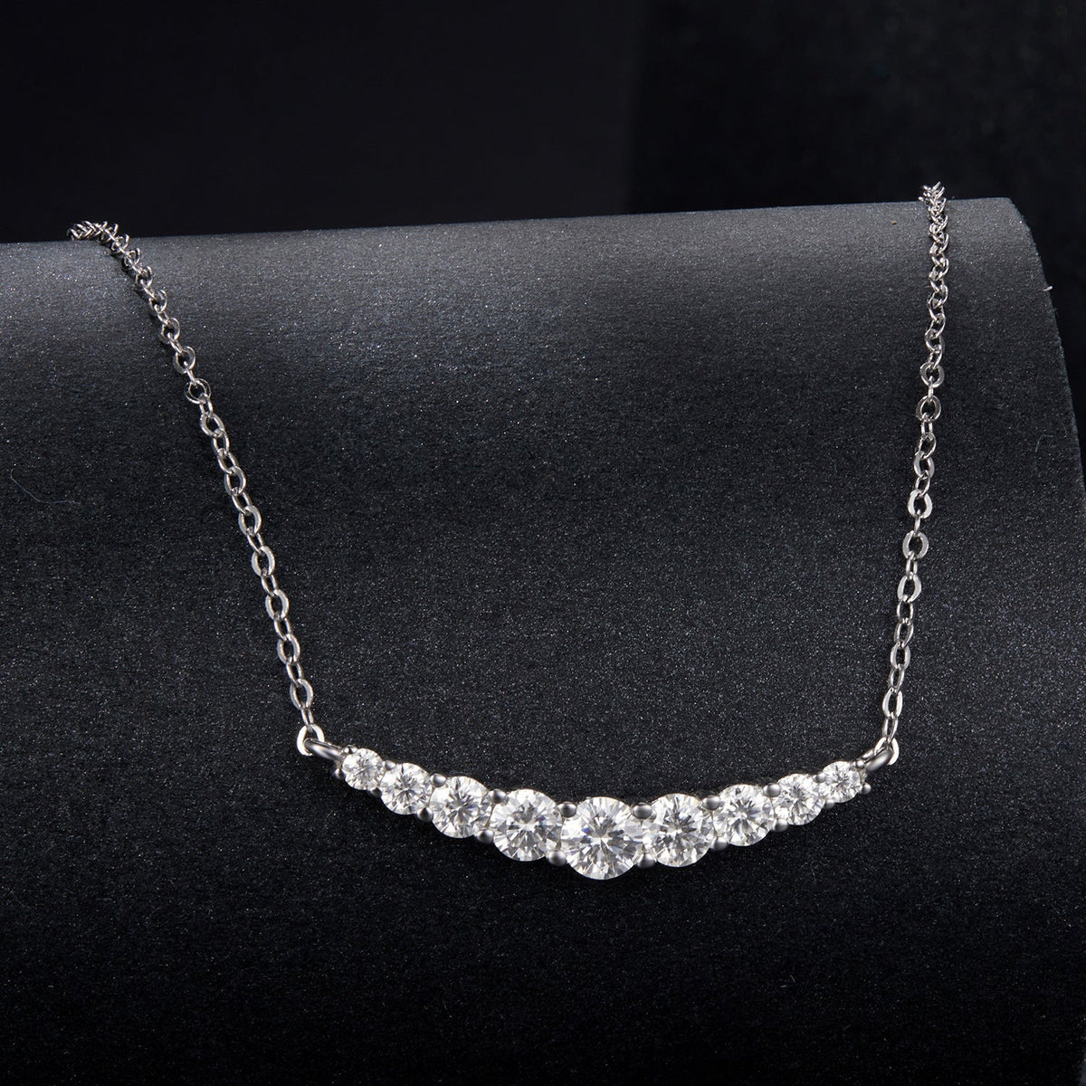 925 Sterling Silver white gold plated moissanite necklace, curved stone bar, 38+5cm on Tampa Home & Garden Store