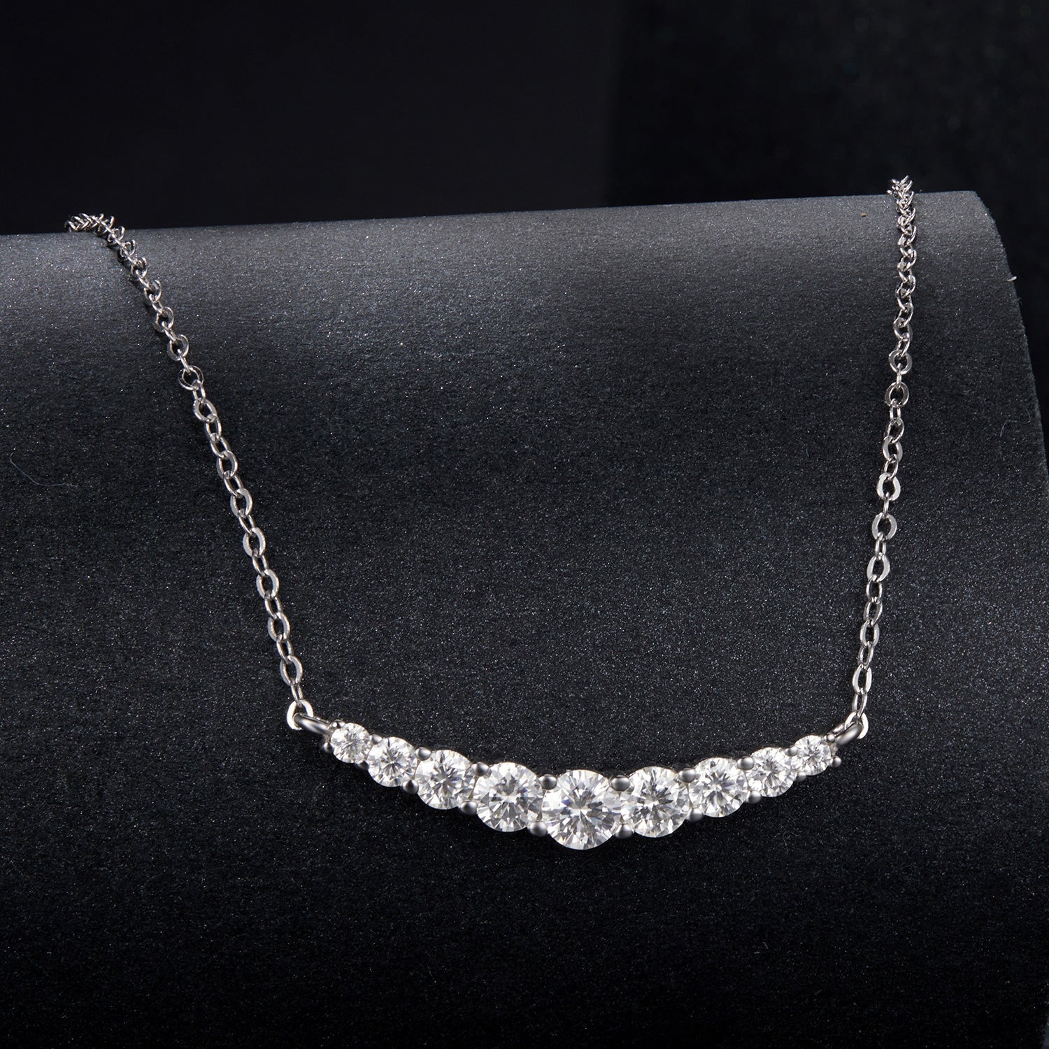 925 Sterling Silver white gold plated moissanite necklace, curved stone bar, 38+5cm on Tampa Home & Garden Store