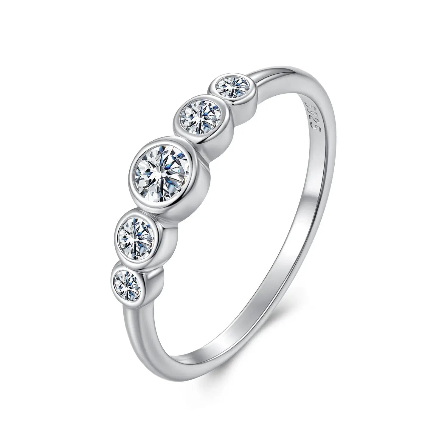 925 Sterling Silver Moissanite Ring with five bezel-set stones, size 6, plated white gold on Tampa Home & Garden Store